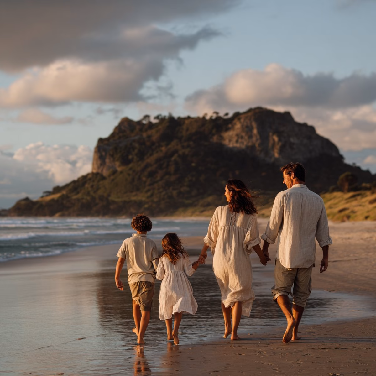 A New Zealand family walking together along the beach