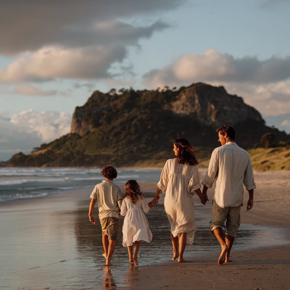 A New Zealand family walking together along the beach